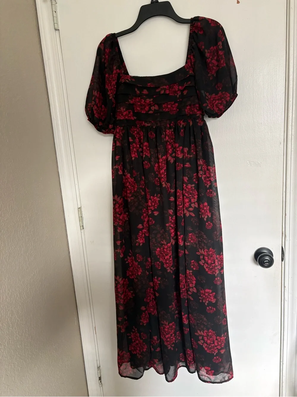 Wallflower Black Maxi Dress with Red Floral Print and Puff Sleeves - Picture 2 of 7